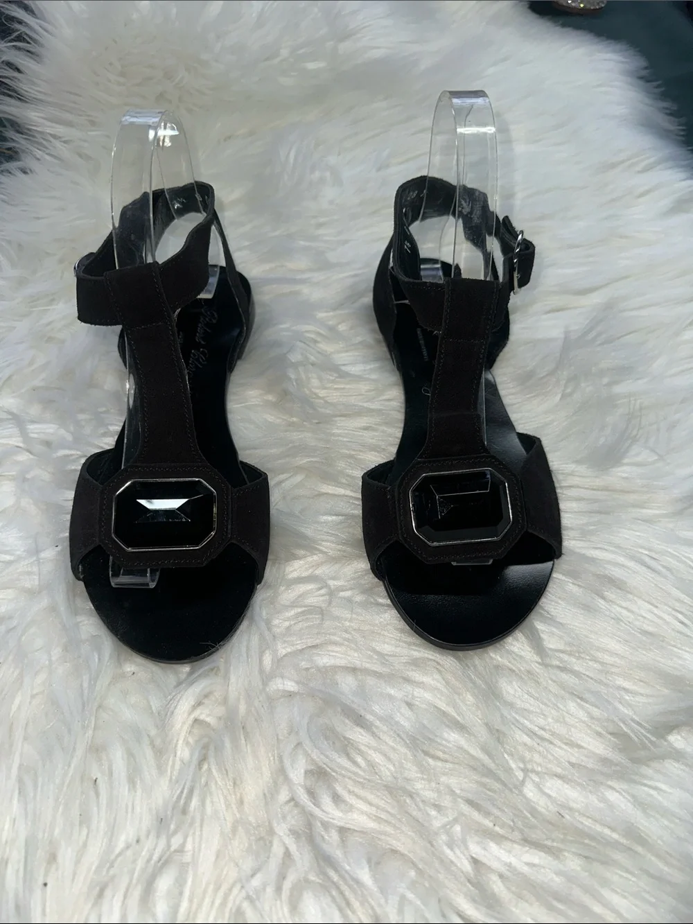 Robert Clergerie Women’s Black T-Strap Suede Sandals with Gem Accent